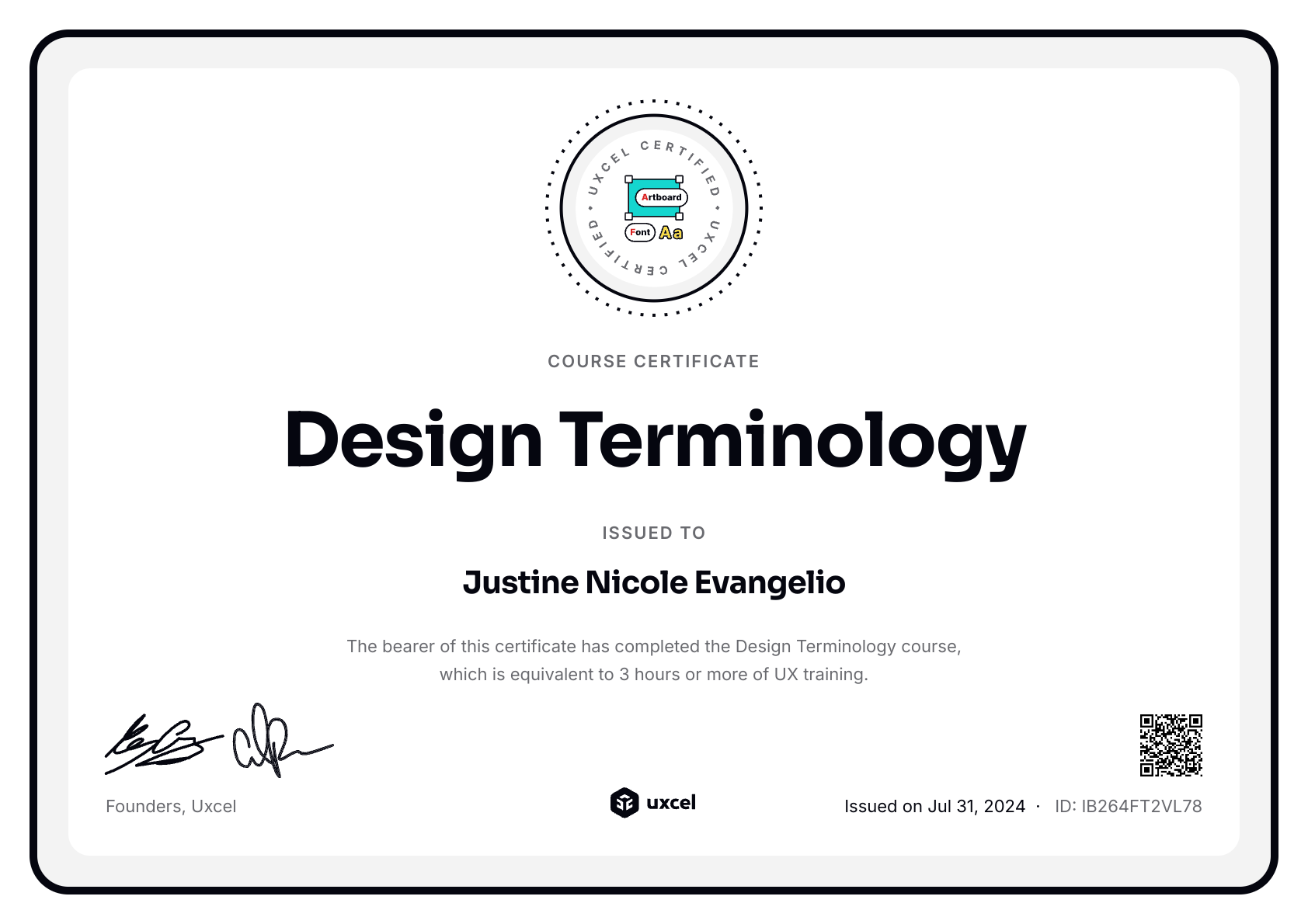 Justine Nicole Evangelio's certificate